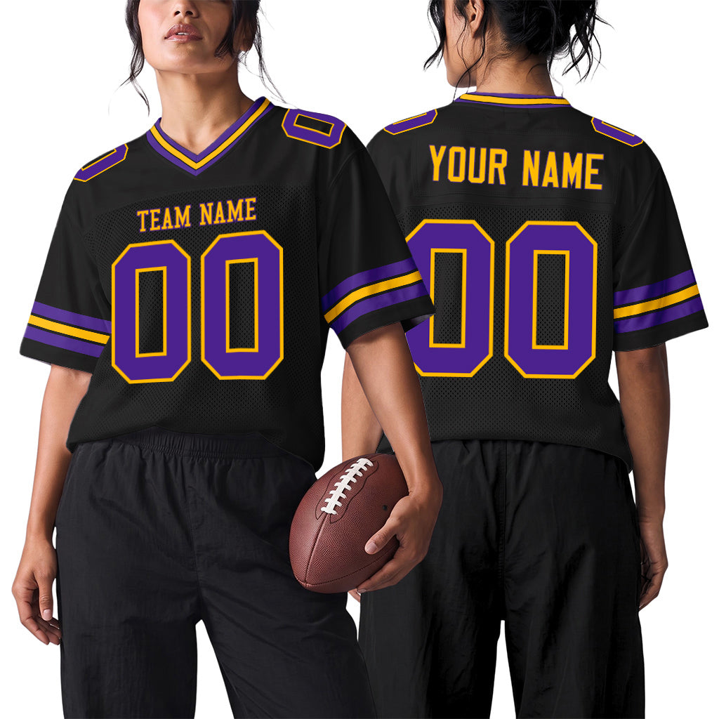 Custom Black Purple-Gold Mesh Football Jersey