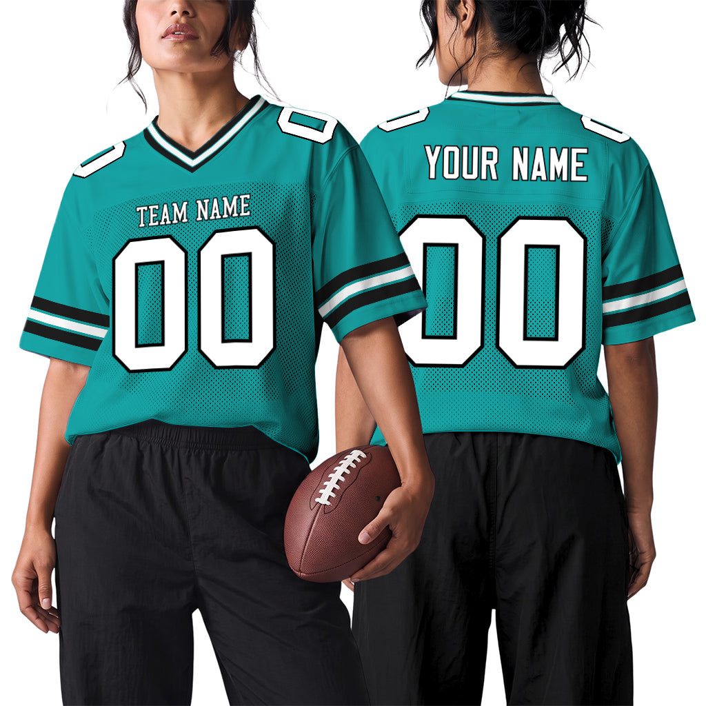 Custom Aqua White-Black Mesh Football Jersey