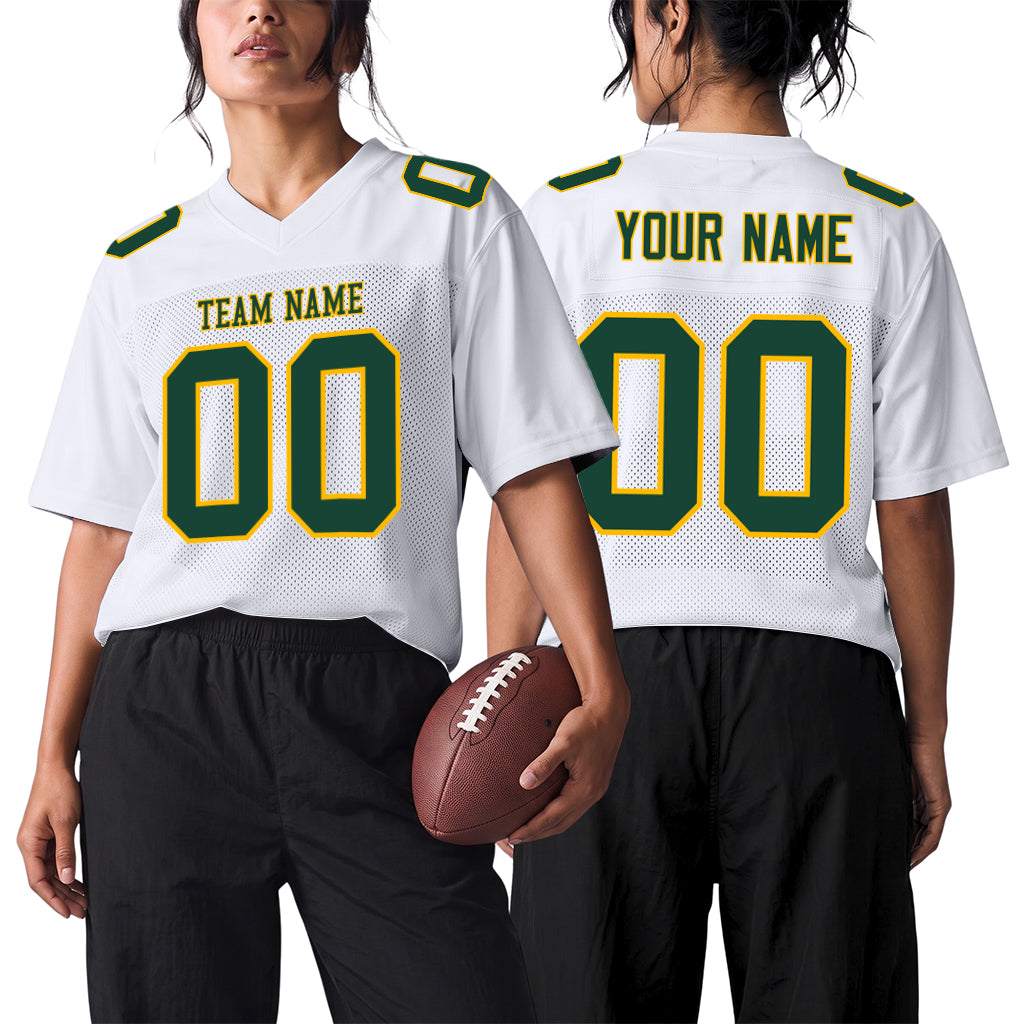 Custom White Green-Gold Mesh Football Jersey