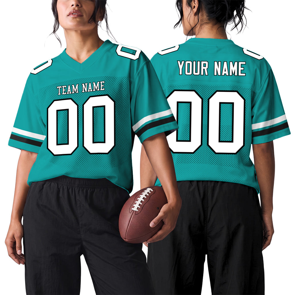 Custom Aqua White-Black Mesh Football Jersey