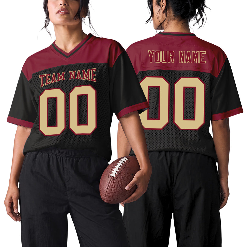 Custom Black Cream-Crimson Mesh Football Jersey