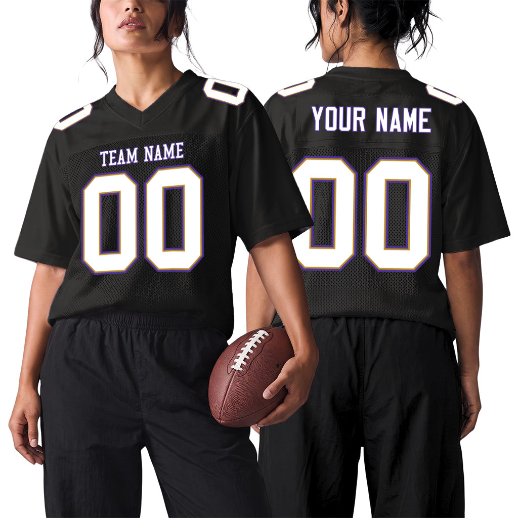 Custom Black White Old Gold-Purple Mesh Football Jersey