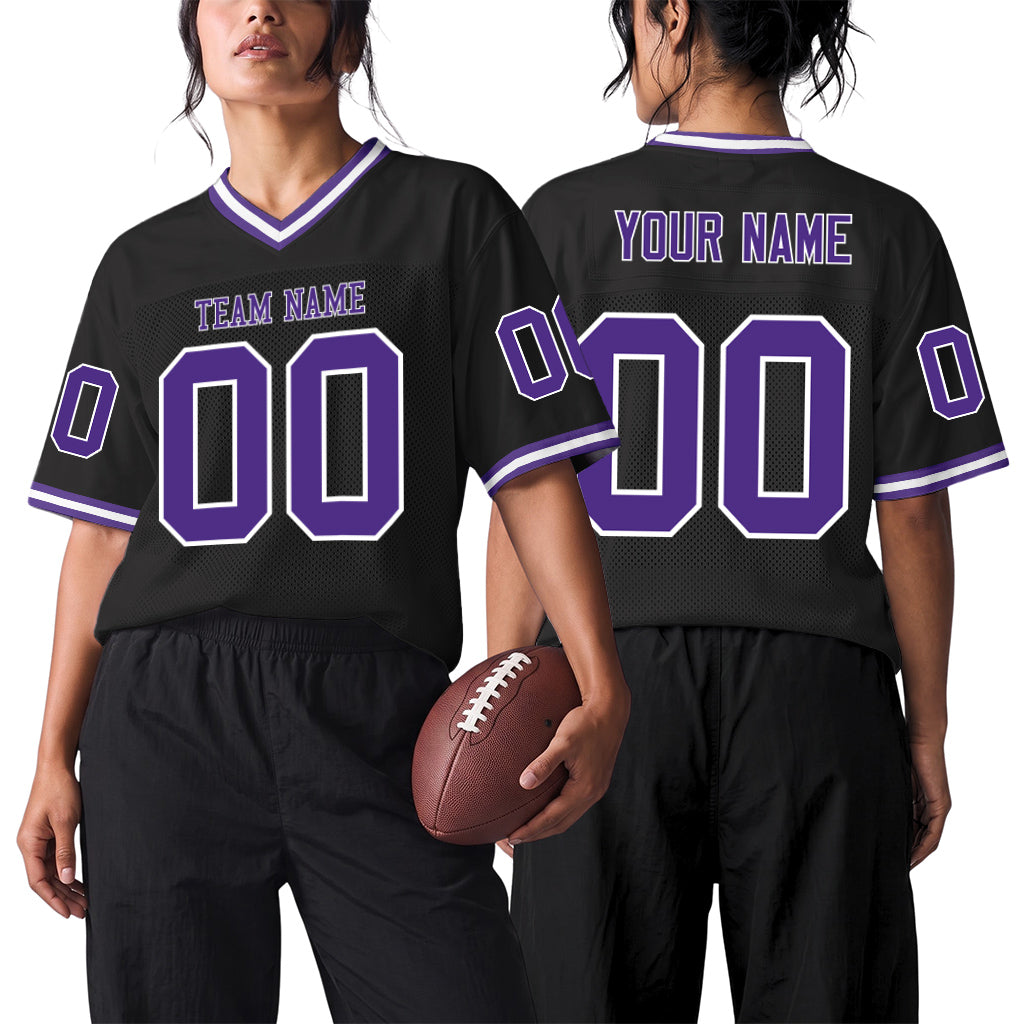 Custom Black Purple-White Mesh Football Jersey