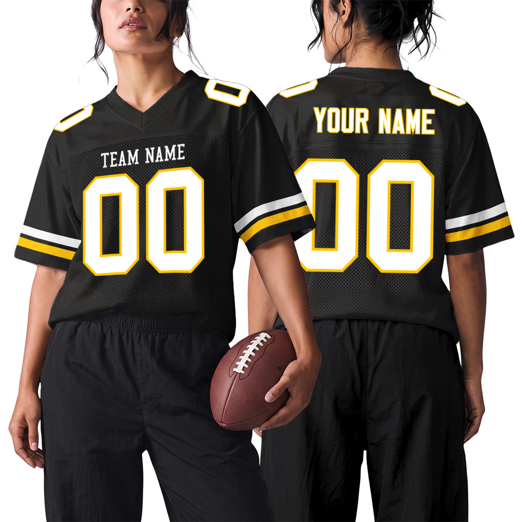Custom Black White-Gold Mesh Football Jersey