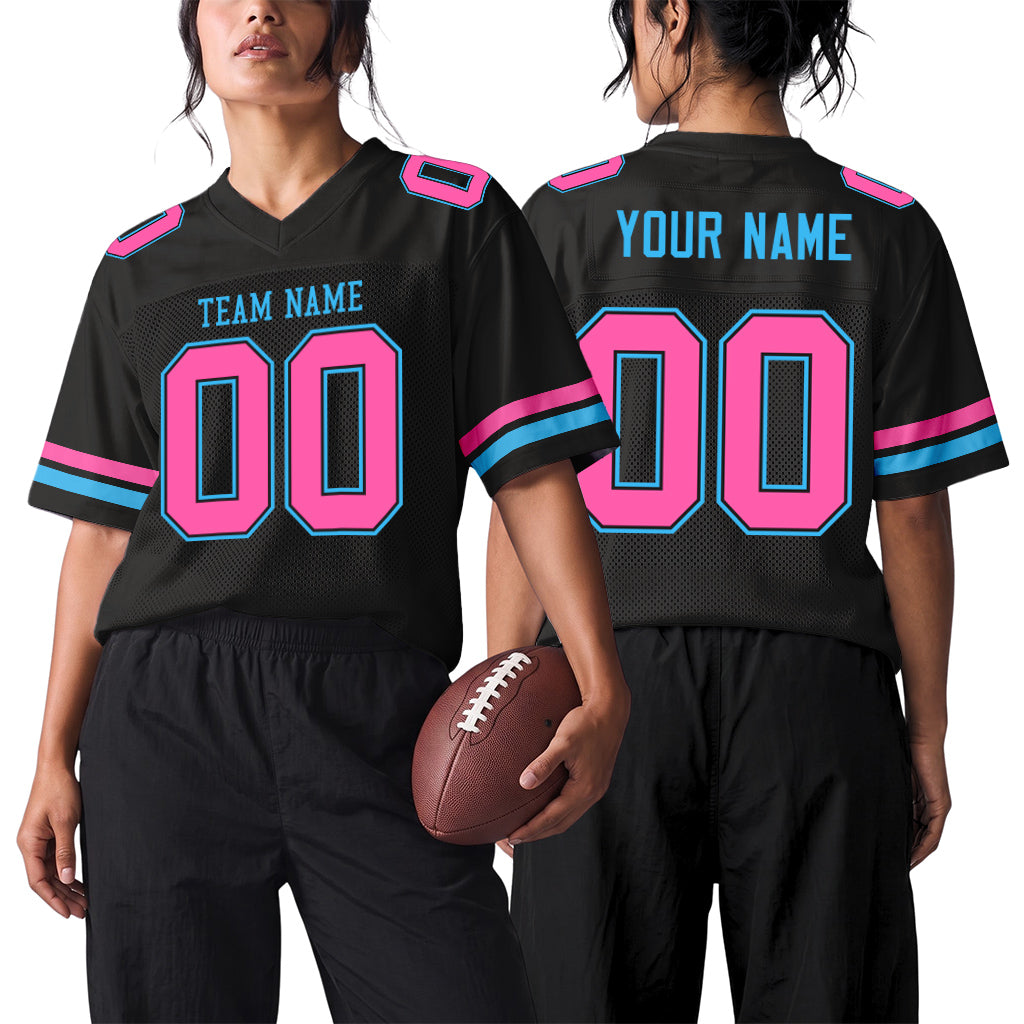 Custom Black Pink-Sky Blue Mesh Football Jersey