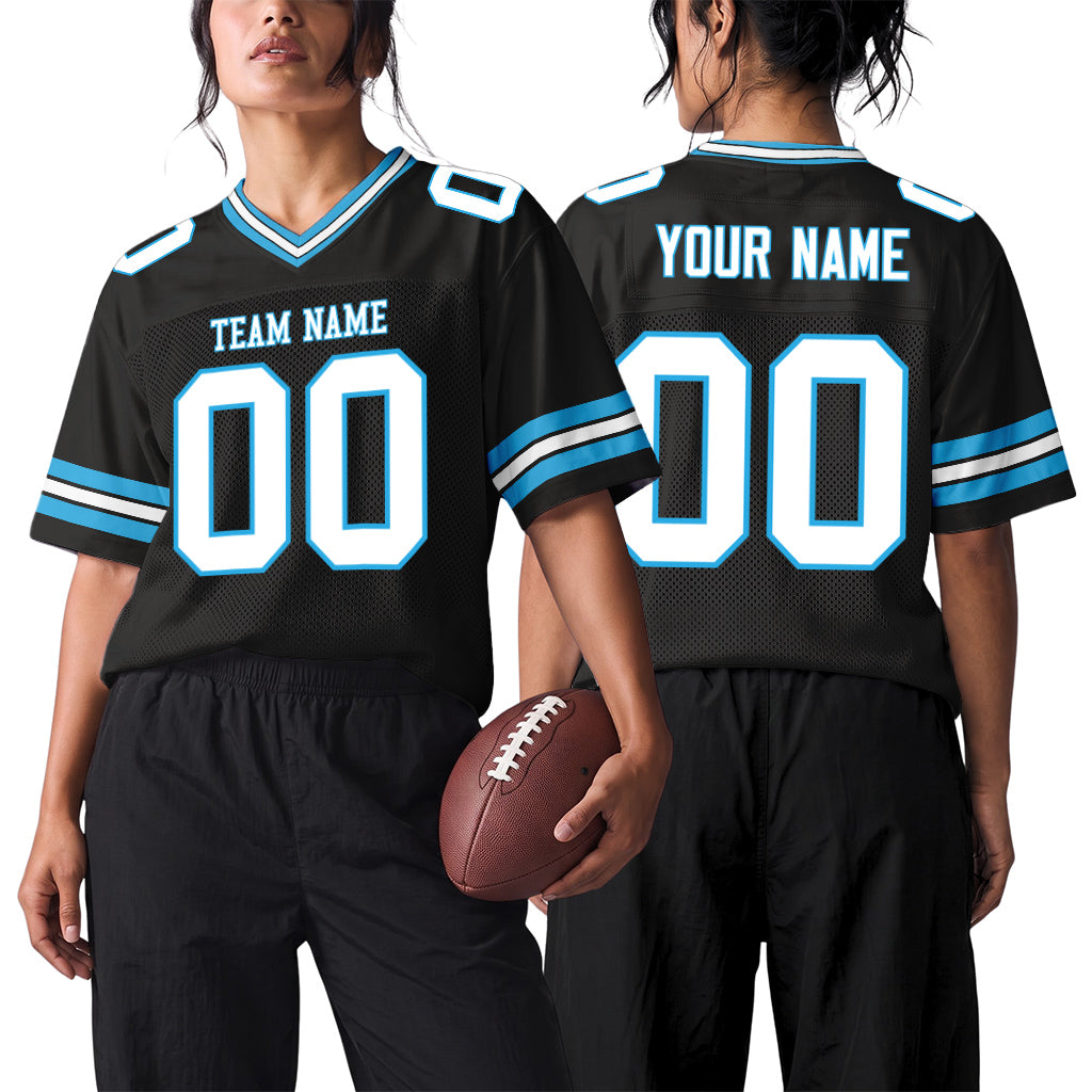 Custom Black White-Sky Blue Mesh Football Jersey