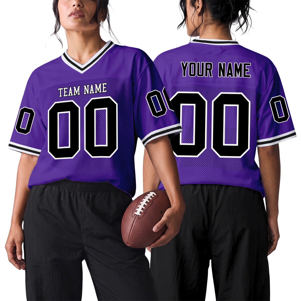 Custom Purple Black-White Mesh Football Jersey