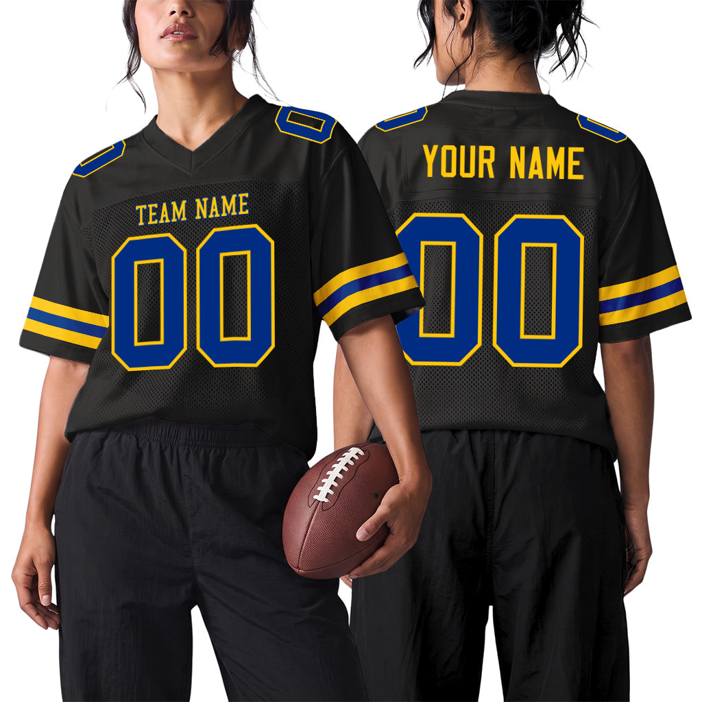 Custom Black Royal-Yellow Mesh Football Jersey