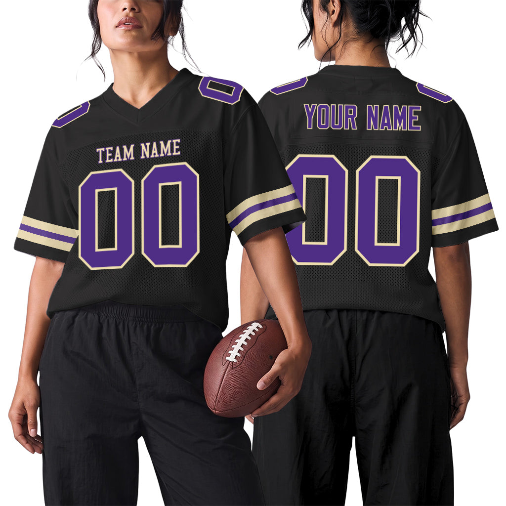 Custom Black Purple-Cream Mesh Football Jersey