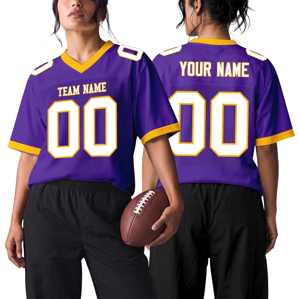 Custom Purple White-Gold Mesh Football Jersey