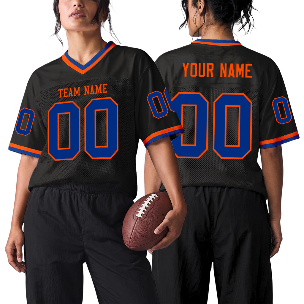 Custom Black Royal-Orange Mesh Throwback Mesh Football Jersey