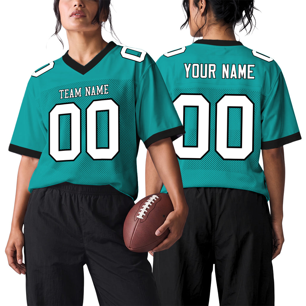 Custom Aqua White-Black Mesh Football Jersey