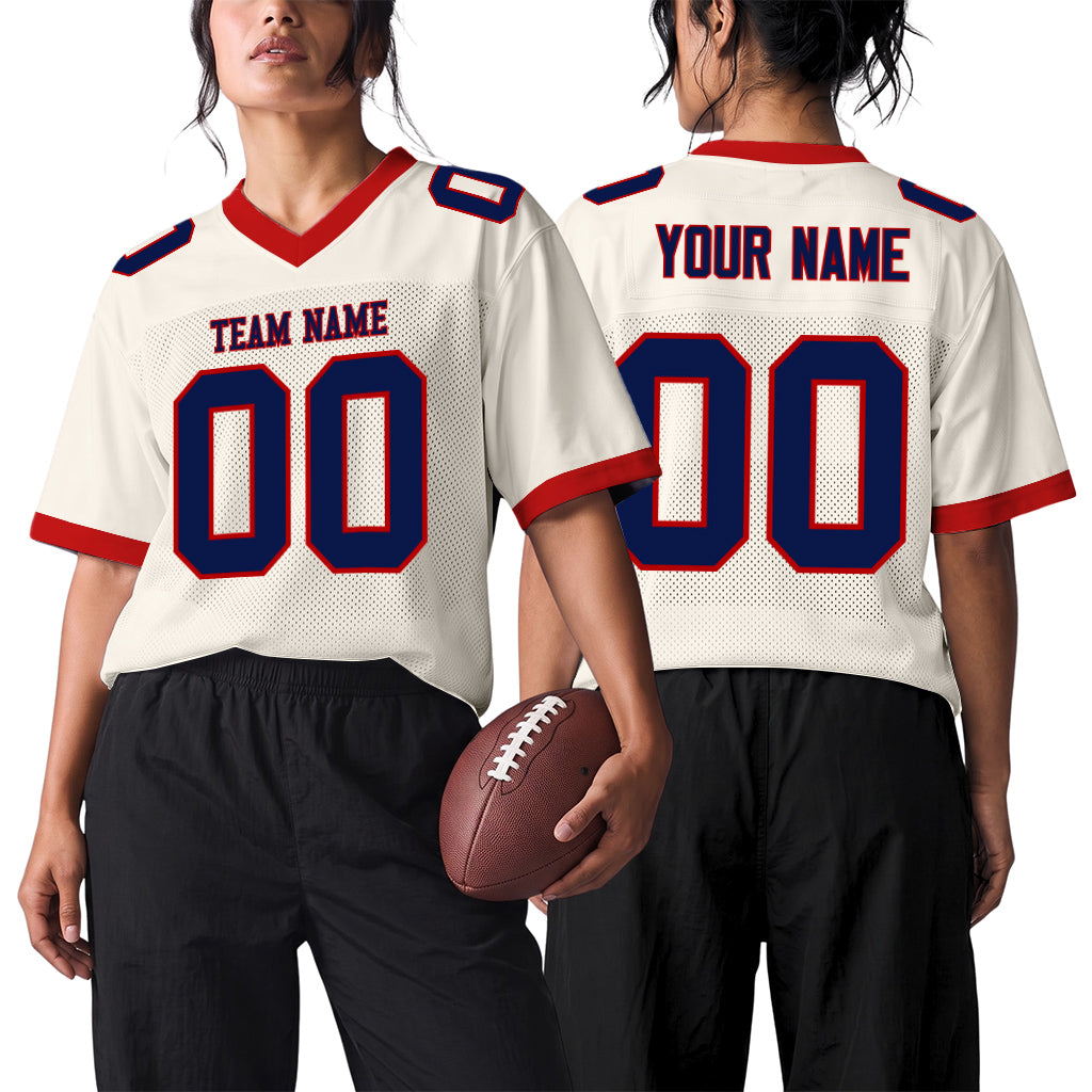 Custom Cream Navy-Red Mesh Football Jersey