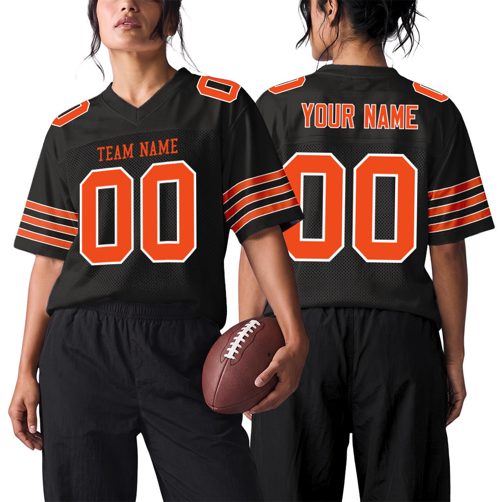 Custom Black Orange-White Custom Name Mesh Football Jersey