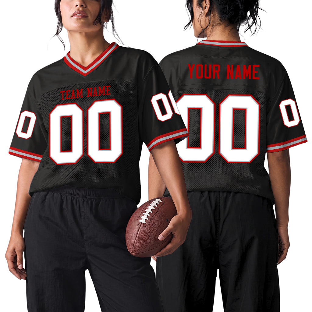 Custom Black Gray-Red Mesh Throwback Mesh Football Jersey