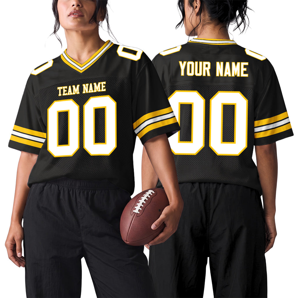 Custom Black White-Gold Mesh Football Jersey