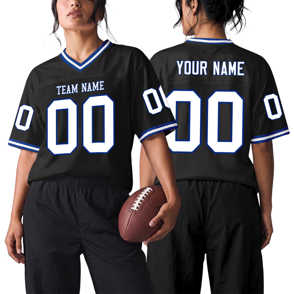 Custom Black White-Royal Mesh Throwback Mesh Football Jersey