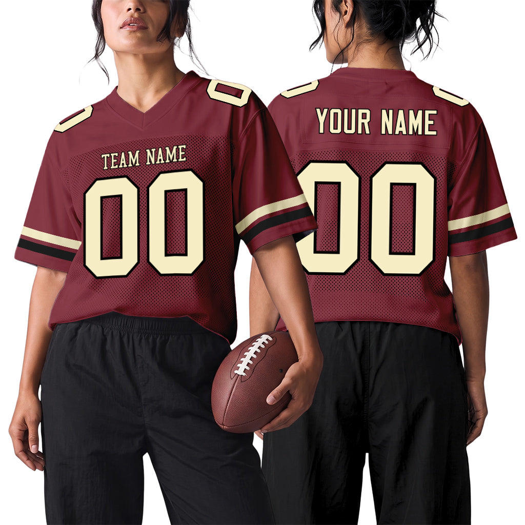 Custom Burgundy Cream-Black Mesh Football Jersey