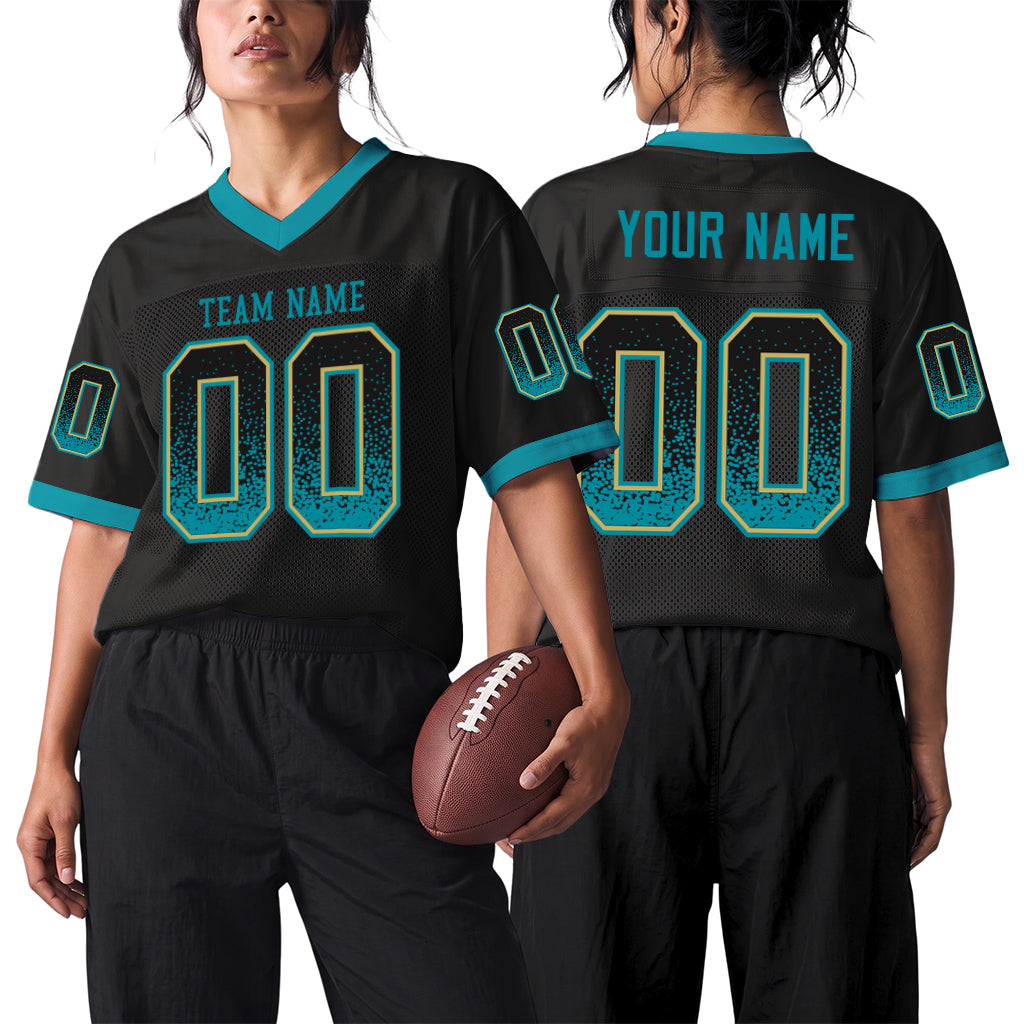 Custom Black Teal-Old Gold Drift Fashion Custom Name Mesh Football Jersey