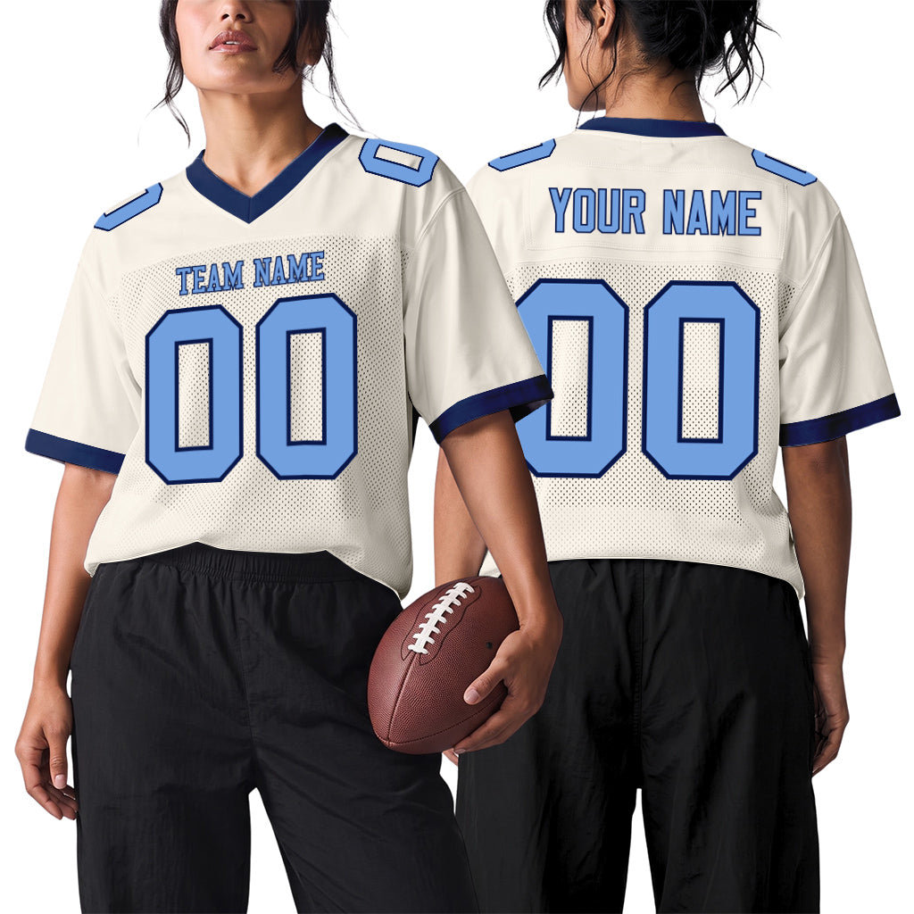 Custom Cream Light Blue-Navy Mesh Football Jersey