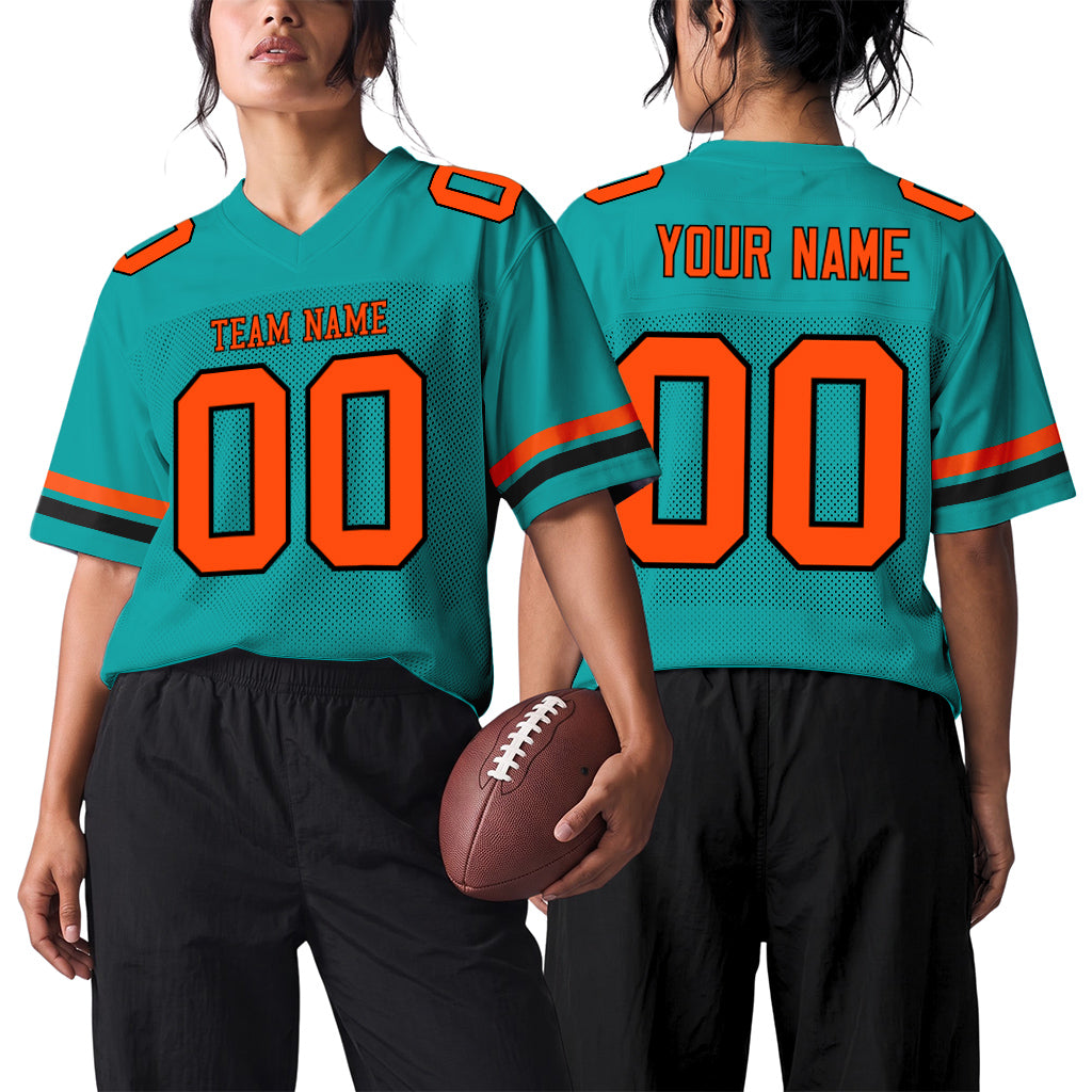 Custom Aqua Orange-Black Mesh Football Jersey