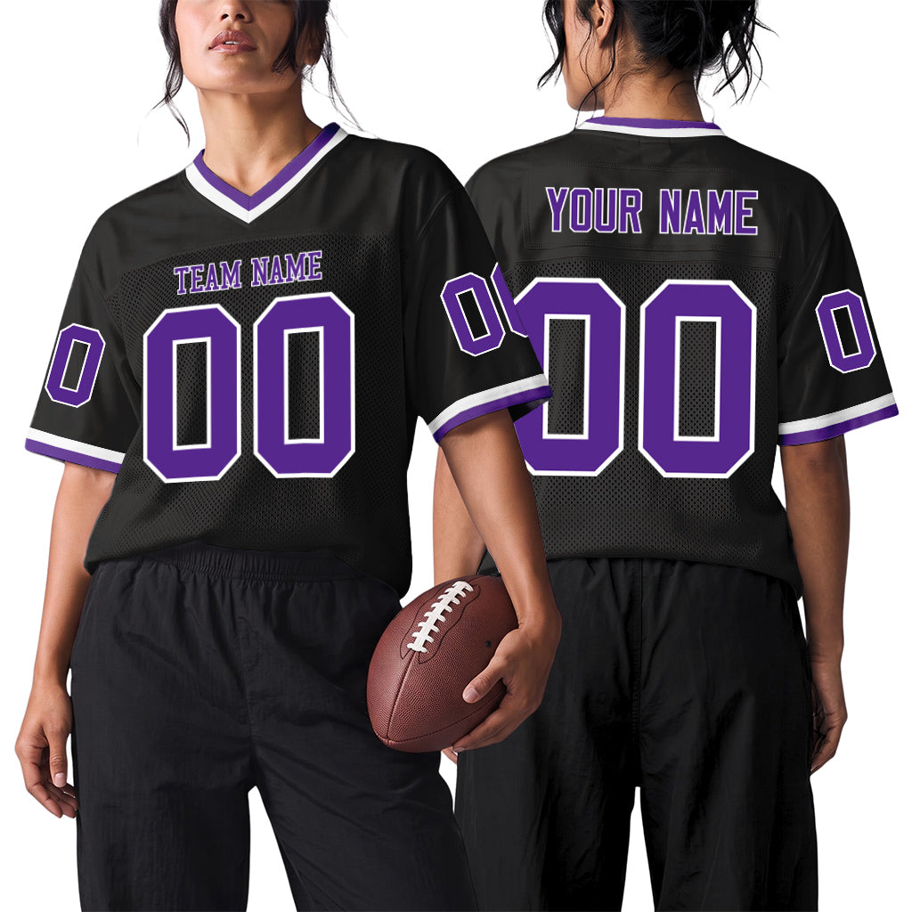 Custom Black Purple-White Mesh Throwback Mesh Football Jersey