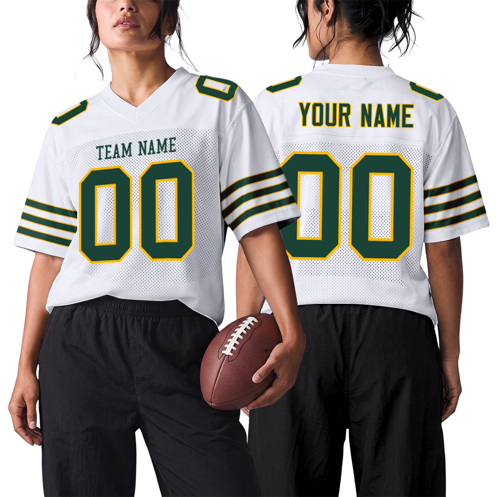 Custom White Green-Gold Mesh Football Jersey