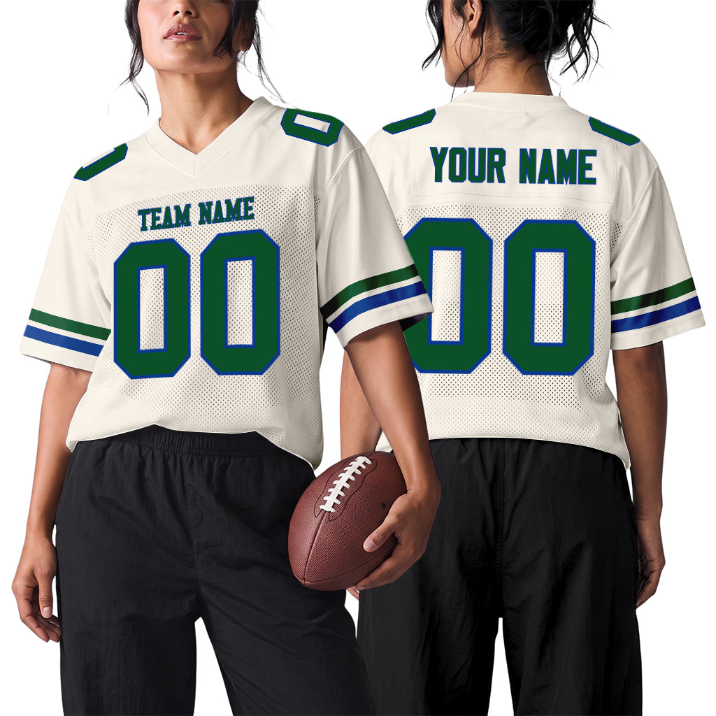 Custom Cream Green-Royal Mesh Football Jersey