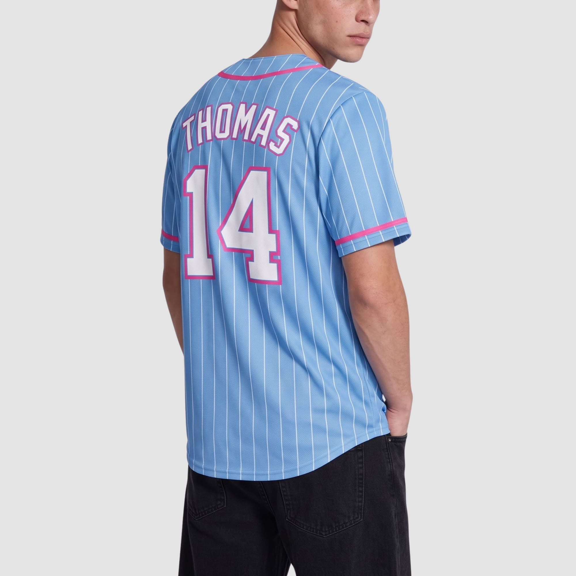 Custom Light Blue White Pink Piping Pinstripe Feature Baseball Jersey