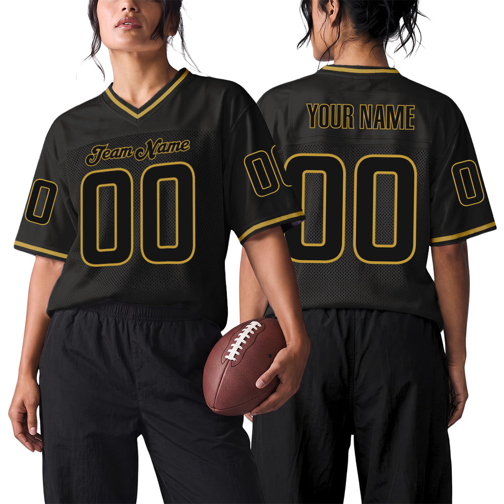 Custom Black Black-Old Gold Mesh Throwback Mesh Football Jersey