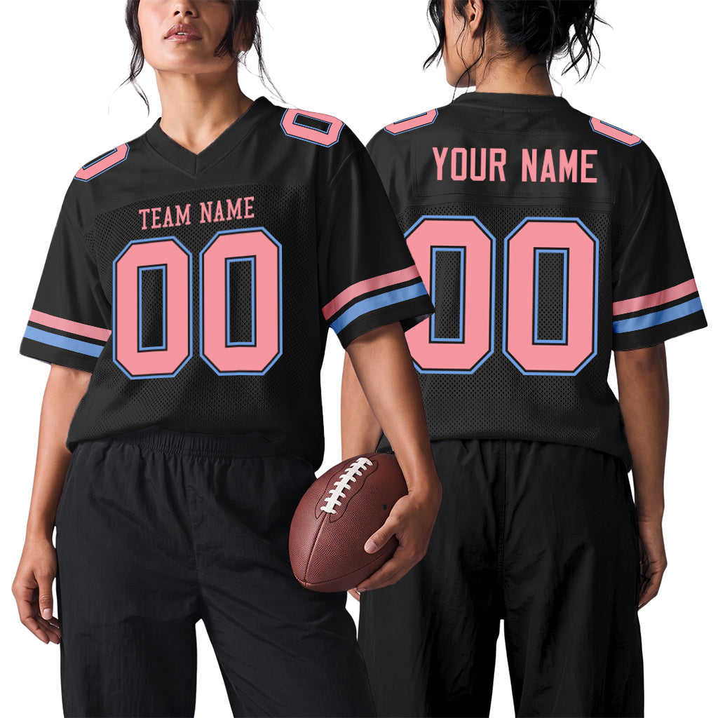 Custom Black Medium Pink-Light Blue Mesh Football Jersey