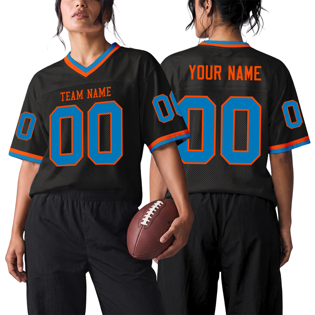 Custom Black Blue-Orange Mesh Throwback Mesh Football Jersey