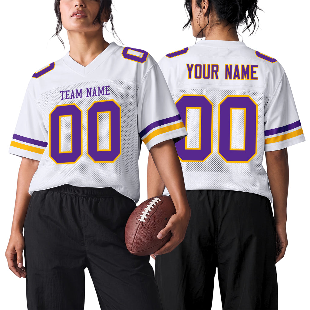 Custom White Purple-Gold Mesh Football Jersey