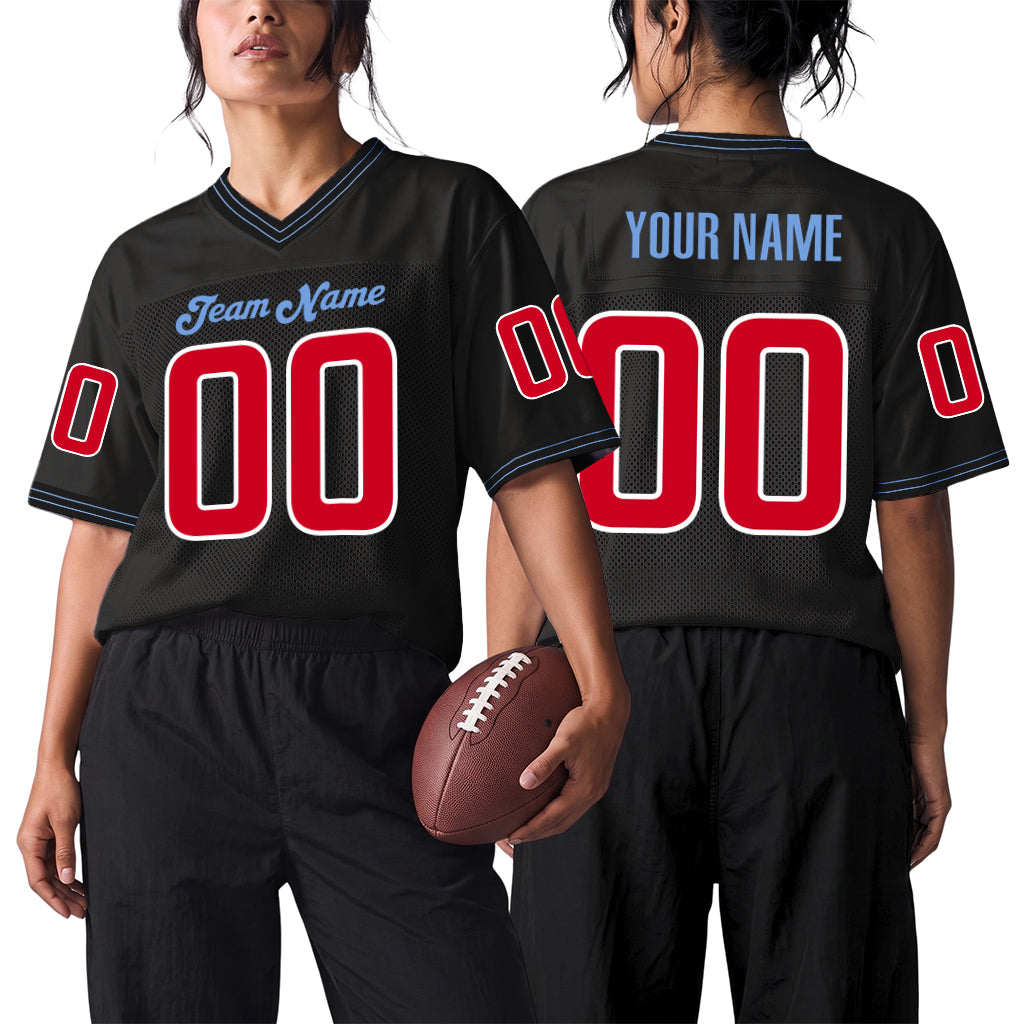 Custom Black Red-Light Blue Mesh Throwback Mesh Football Jersey