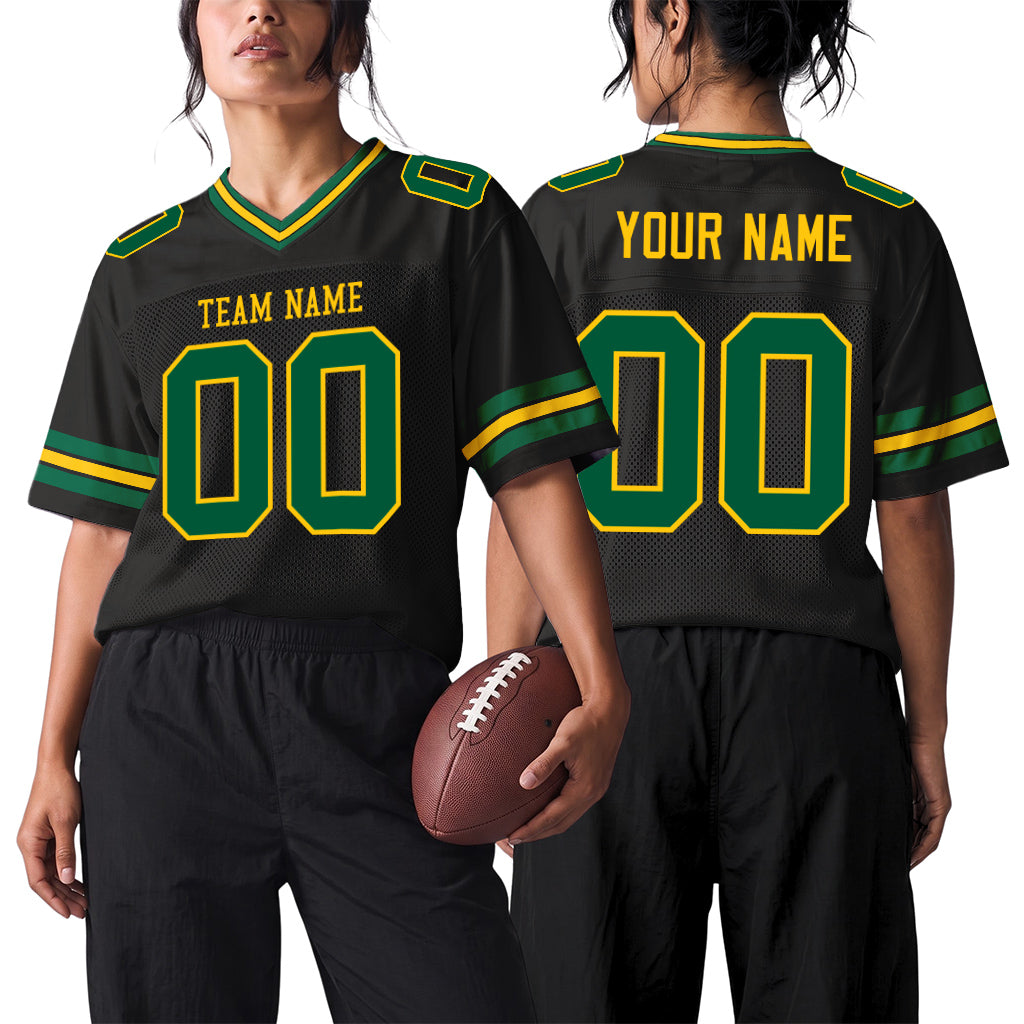 Custom Black Kelly Green-Gold Mesh Football Jersey