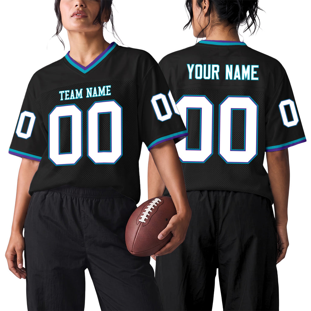 Custom Black Purple-Teal Mesh Football Jersey