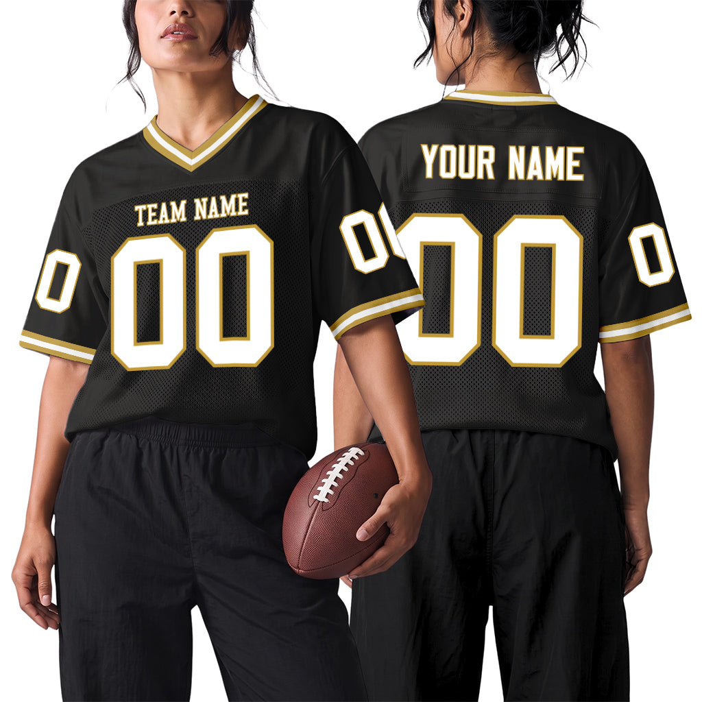 Custom Black White-Old Gold Mesh Throwback Mesh Football Jersey