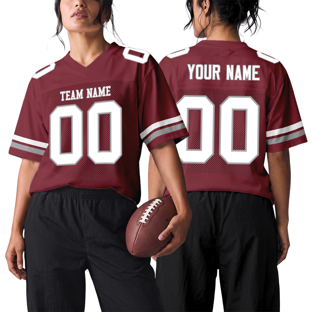 Custom Burgundy White-Gray Mesh Football Jersey