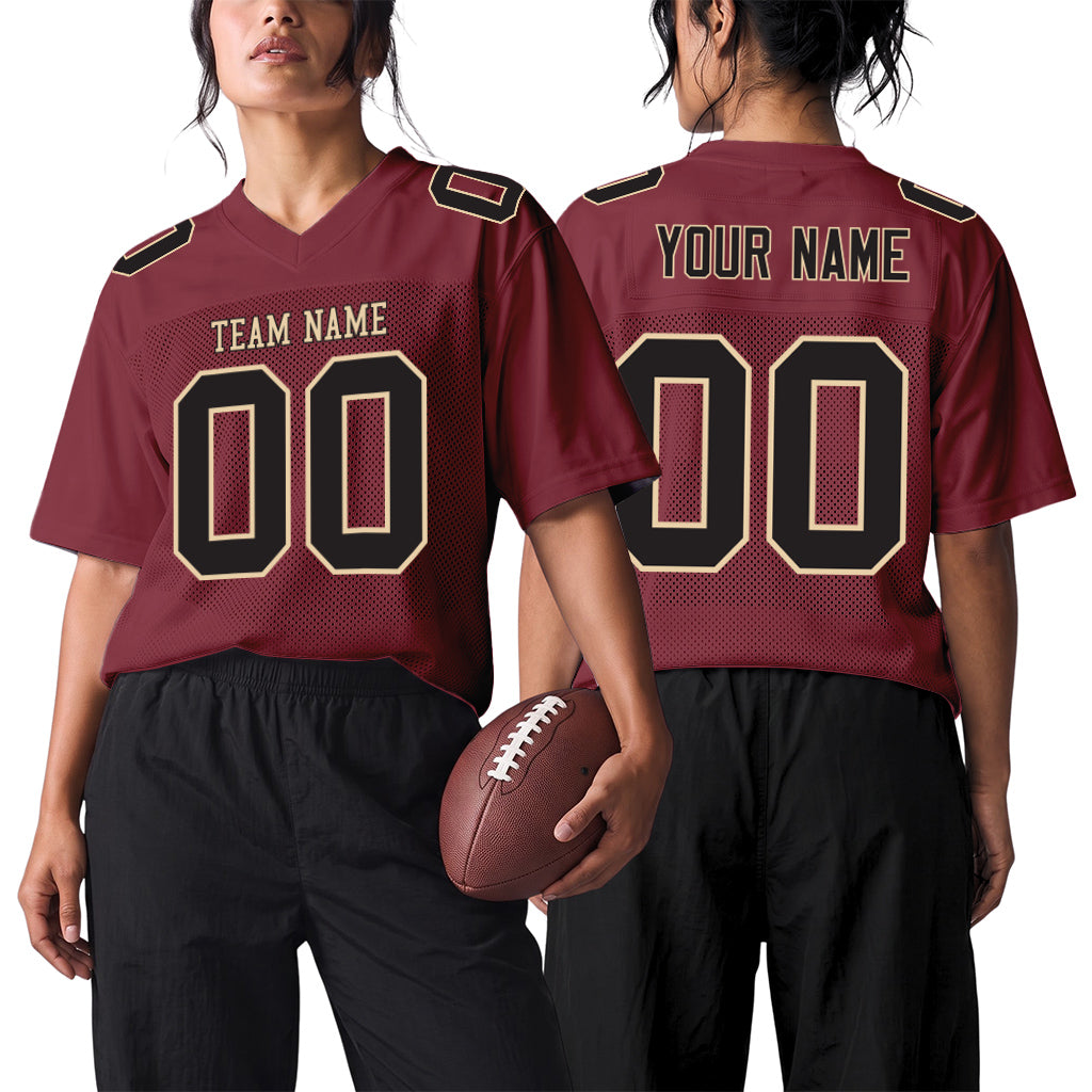 Custom Burgundy Black-Cream Mesh Football Jersey