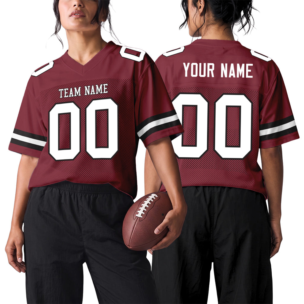 Custom Burgundy White-Black Mesh Football Jersey