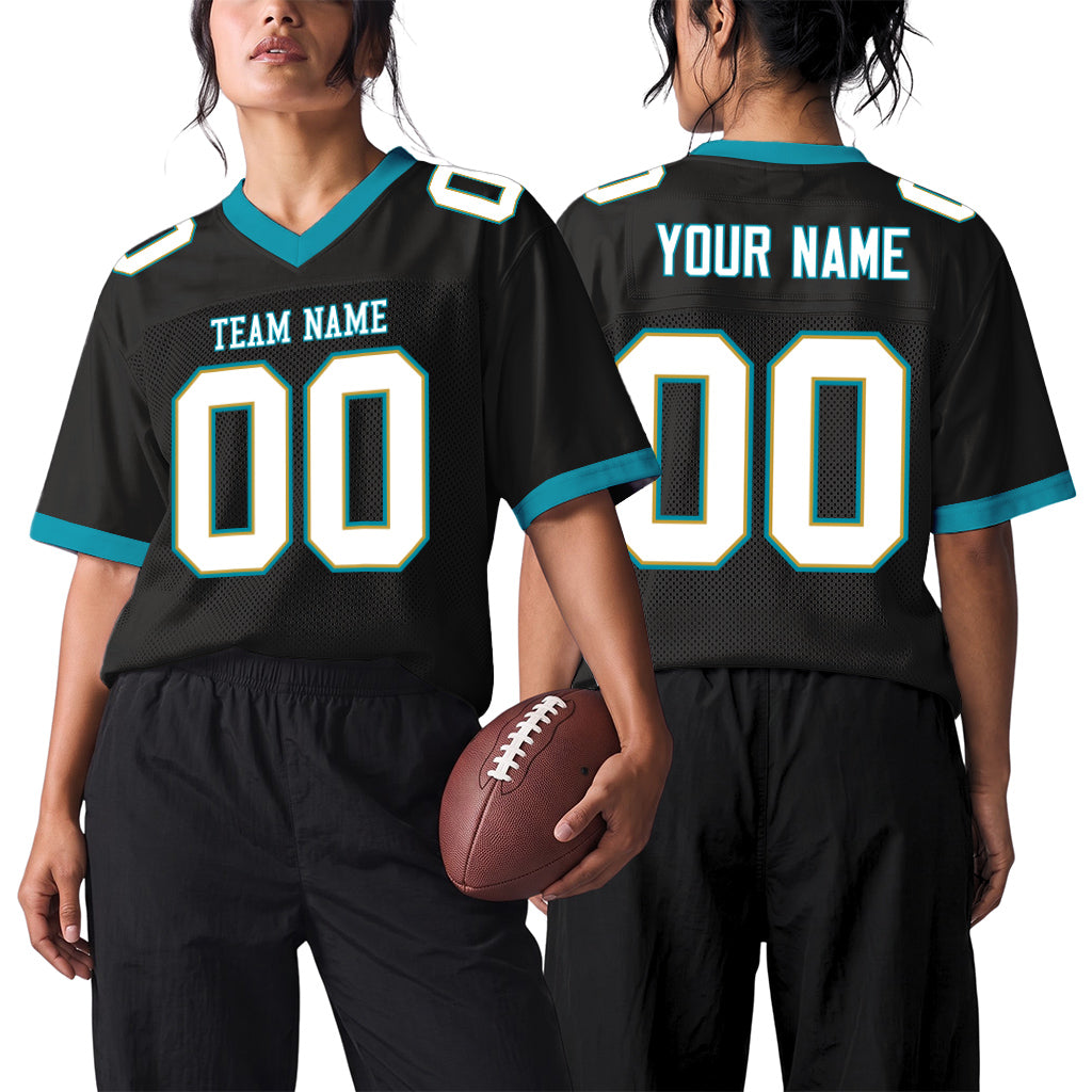 Custom Black White-Teal Mesh Football Jersey