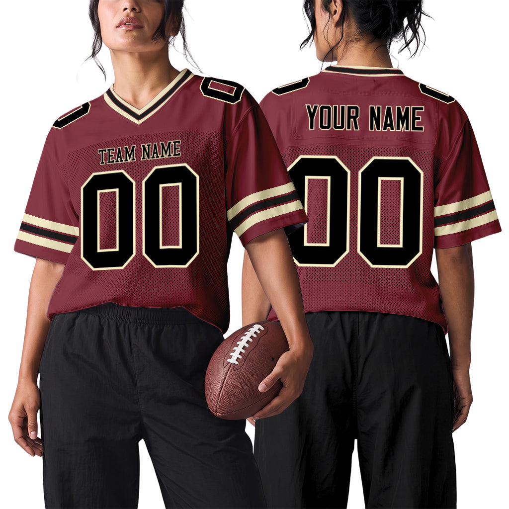 Custom Burgundy Black-City Cream Mesh Football Jersey