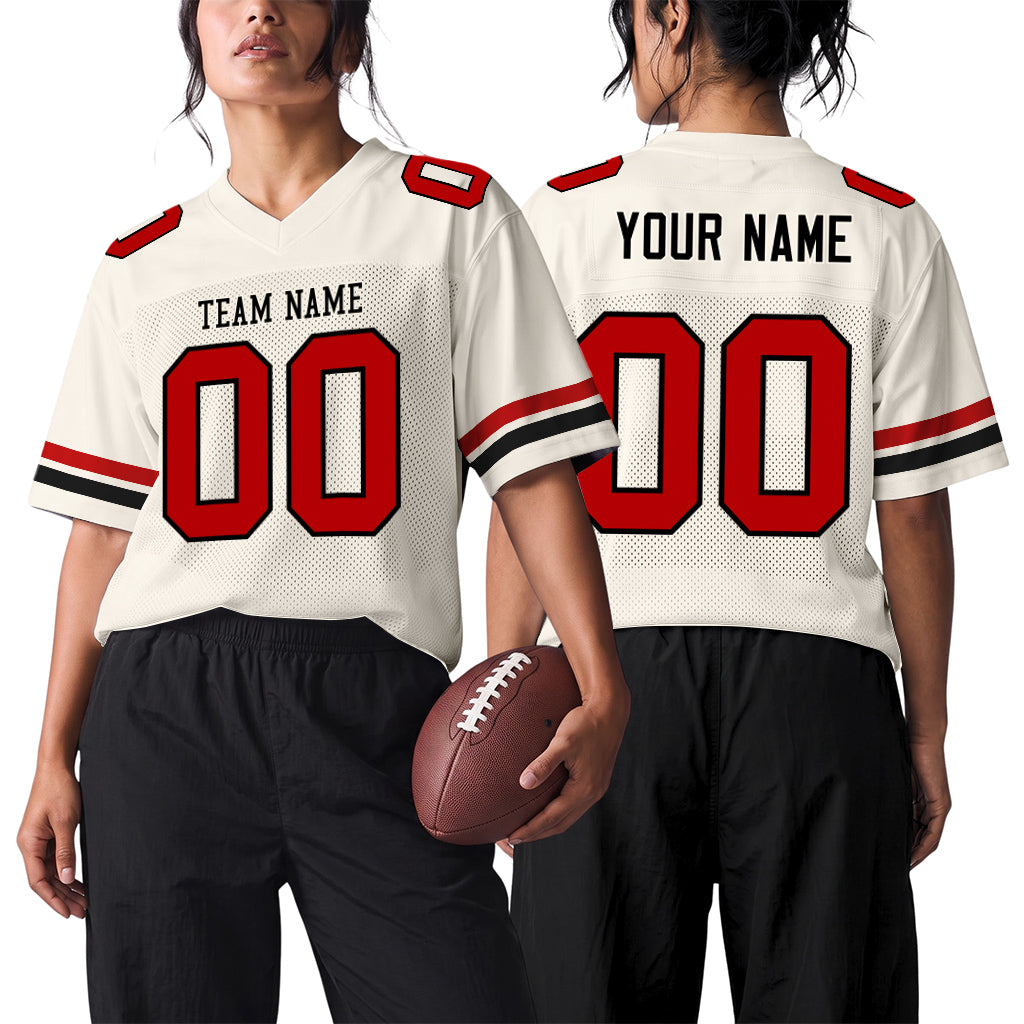 Custom Cream Red-Black Mesh Football Jersey