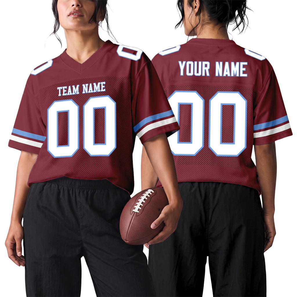 Custom Burgundy White-Light Blue Mesh Football Jersey