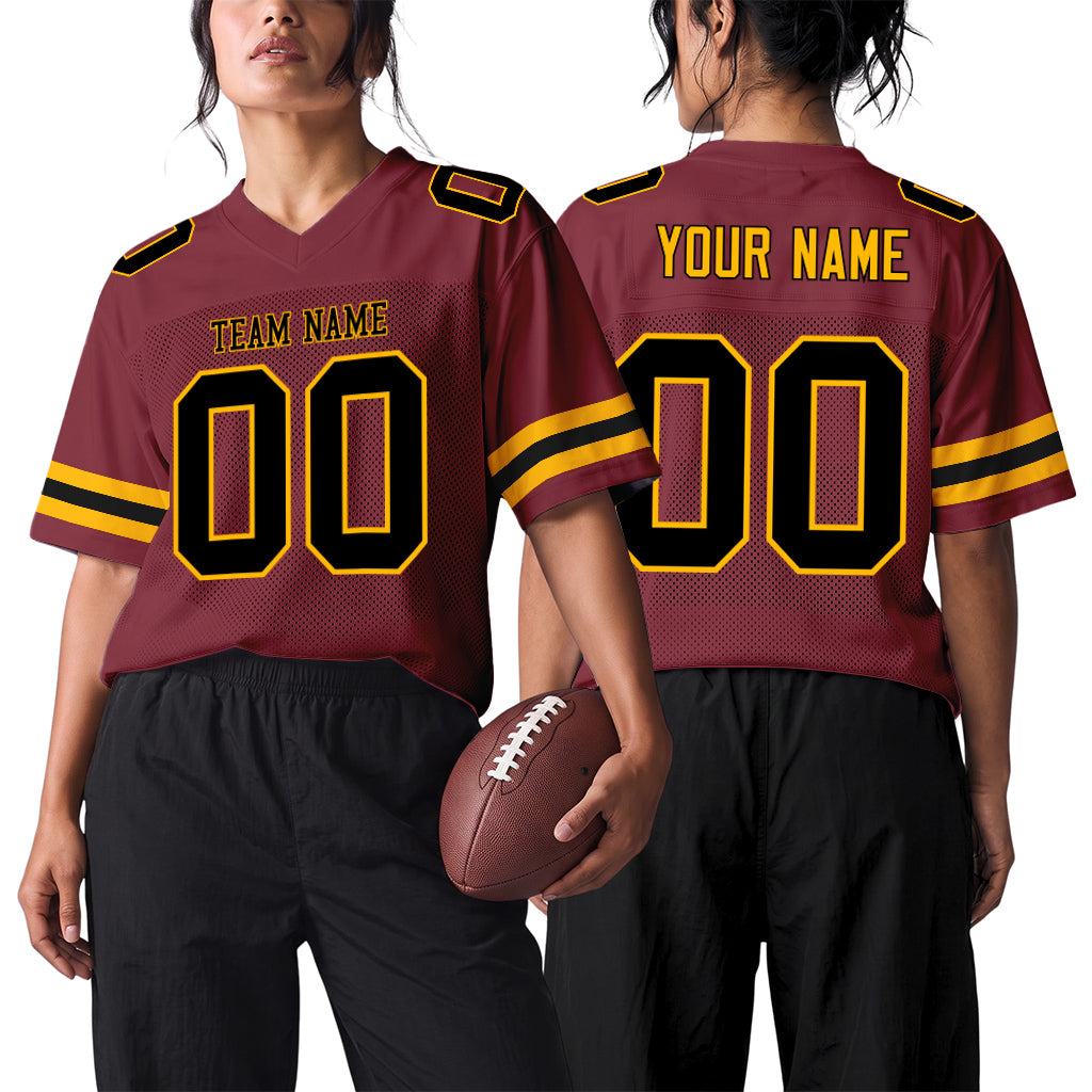Custom Burgundy Black-Gold Mesh Football Jersey