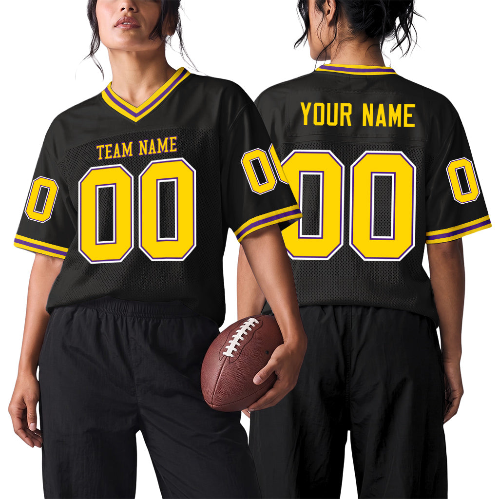 Custom Black Gold-Purple Mesh Throwback Mesh Football Jersey