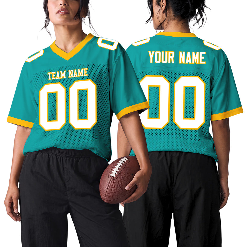 Custom Aqua White-Gold Mesh Football Jersey