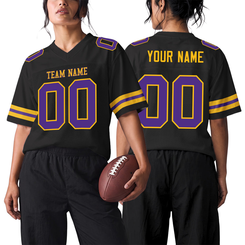 Custom Black Purple-Gold Mesh Football Jersey