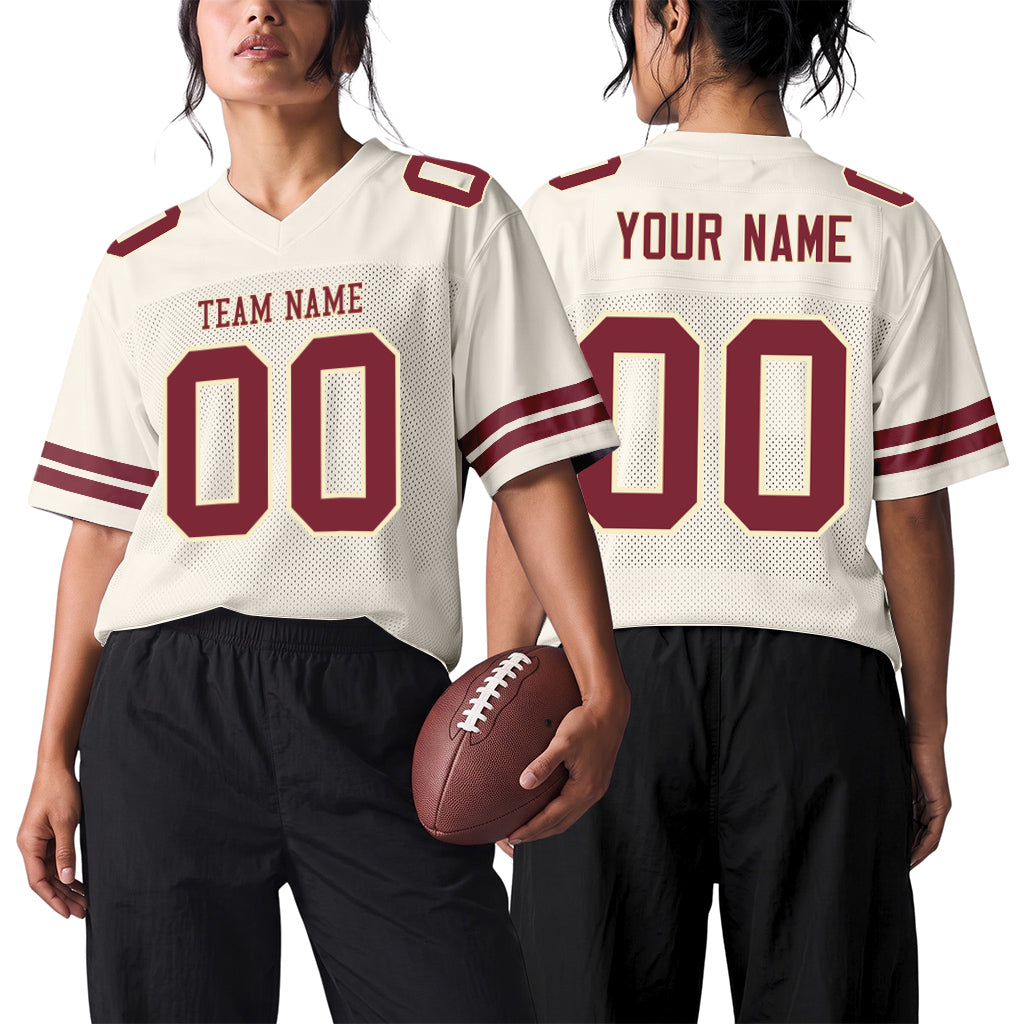 Custom Cream Burgundy Mesh Football Jersey