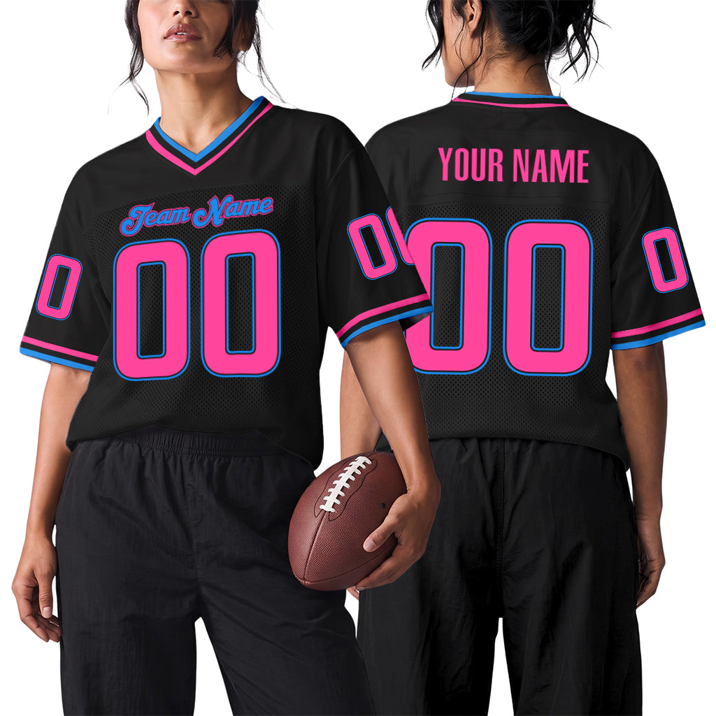 Custom Black Pink-Powder Blue Mesh Football Jersey